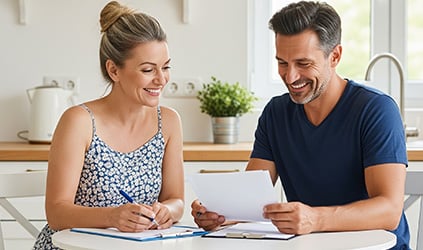 Couple reviewing paperwork at kitchen table Couple reviewing paperwork at kitchen table
